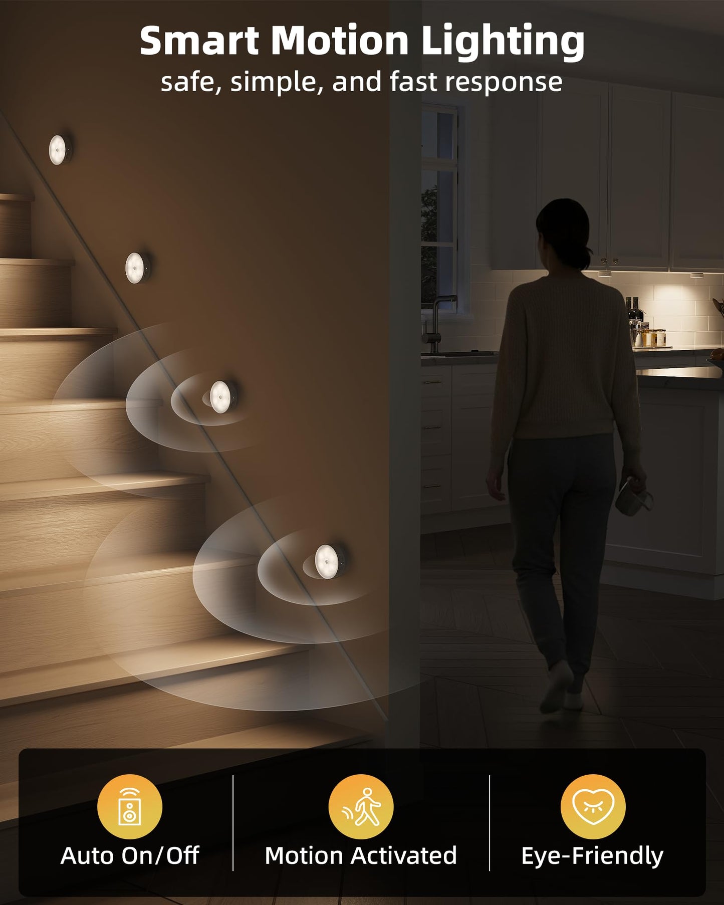 EZVALO 8 Pack Motion Sensor Closet Lights, 1200mAh Rechargeable LED Night Lights, Under Cabinet Lights, Puck Light, Dimmable, 3 Color Temps, Magnetic, Stick on for Kitchen, Stairs, Bathroom