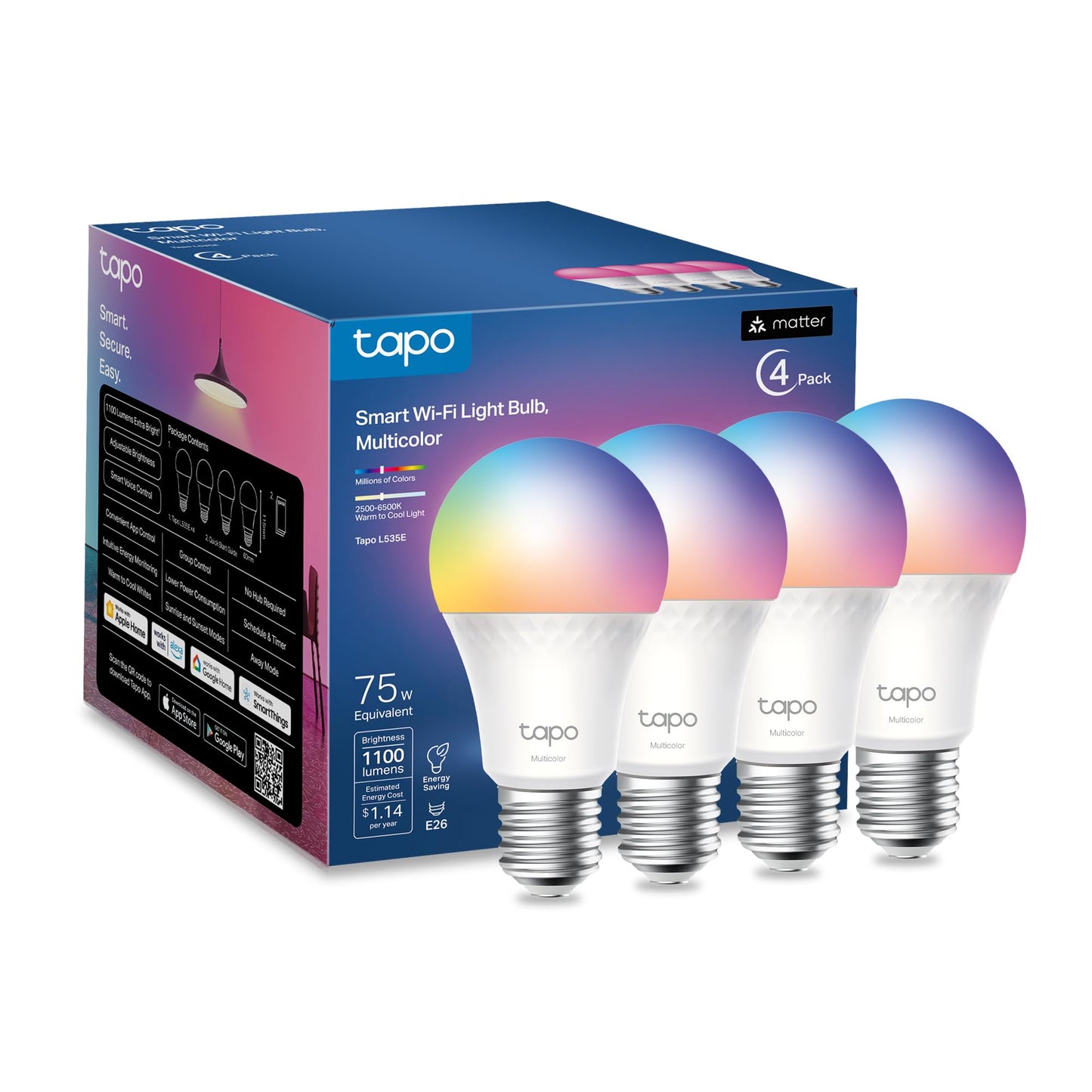 Smart WiFi Light Bulb, 1100 Lumens (75W), Matter-Certified, 16M Colors, Dimmable – Works with Alexa, Siri & Google