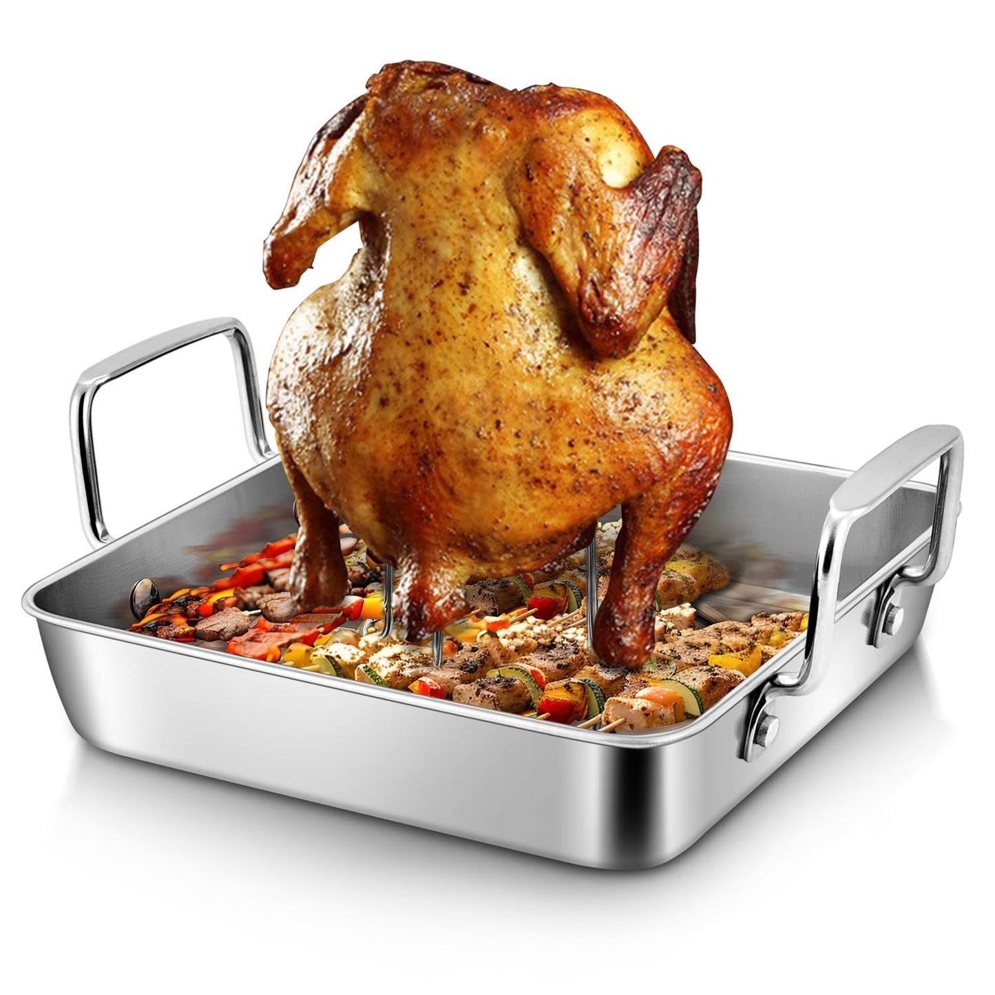 15.3 Inch Roasting Pan with Rack Set of 3(Deep Broiling Pan & V-shaped Rack & Flat Cooling Rack), Herogo Stainless Steel Turkey Roaster Pan for Thanksgiving Christmas, Dishwasher Safe