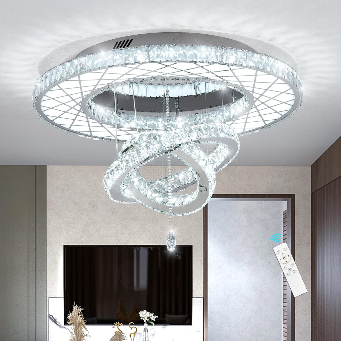 Modern Flush Ceiling Chandelier Bedroom Light Fixtures Crystal Flat Sloping Ceiling Lights for Hallway Kitchen Dining Room Dimmable Light with Remote Gold