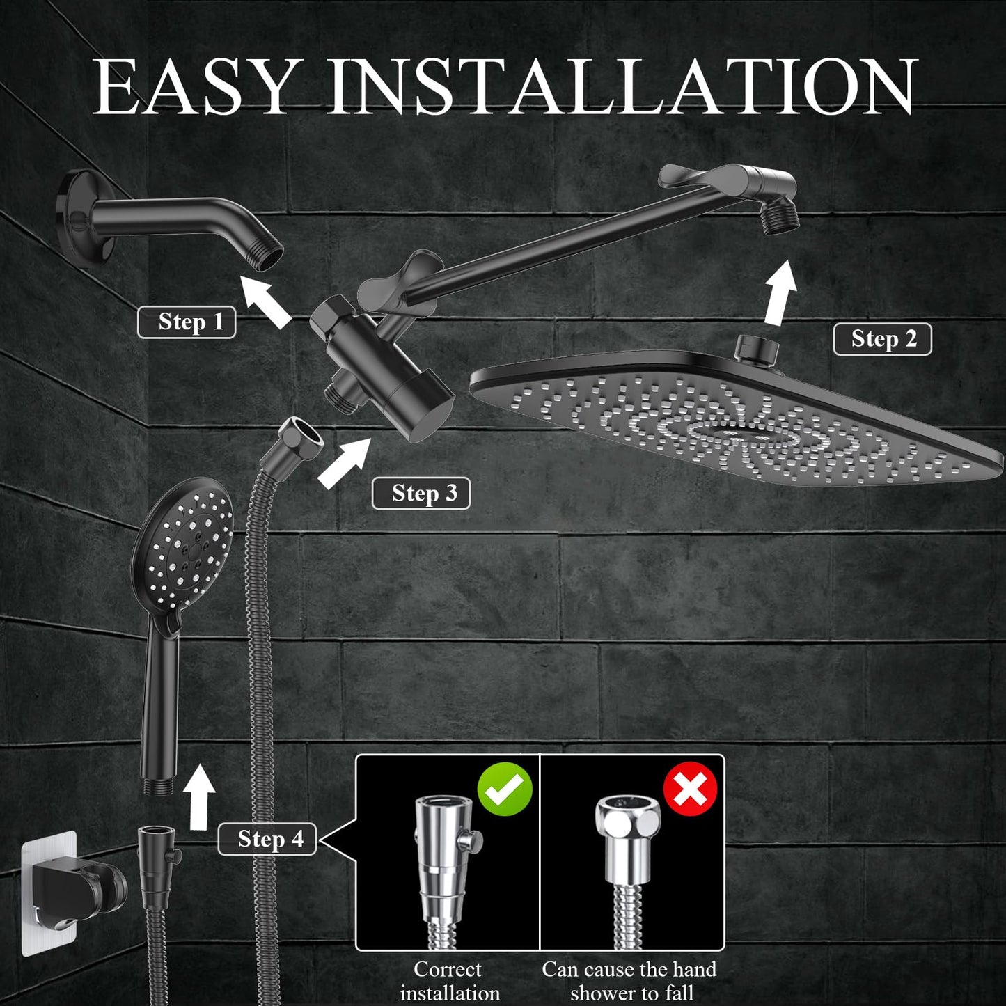 Veken High Pressure Rain Shower Head Combo with Extension Arm- Wide Showerhead with 6 Handheld Water Spray - Adjustable Dual Shower with Anti-Clog Nozzles - Silver Chrome