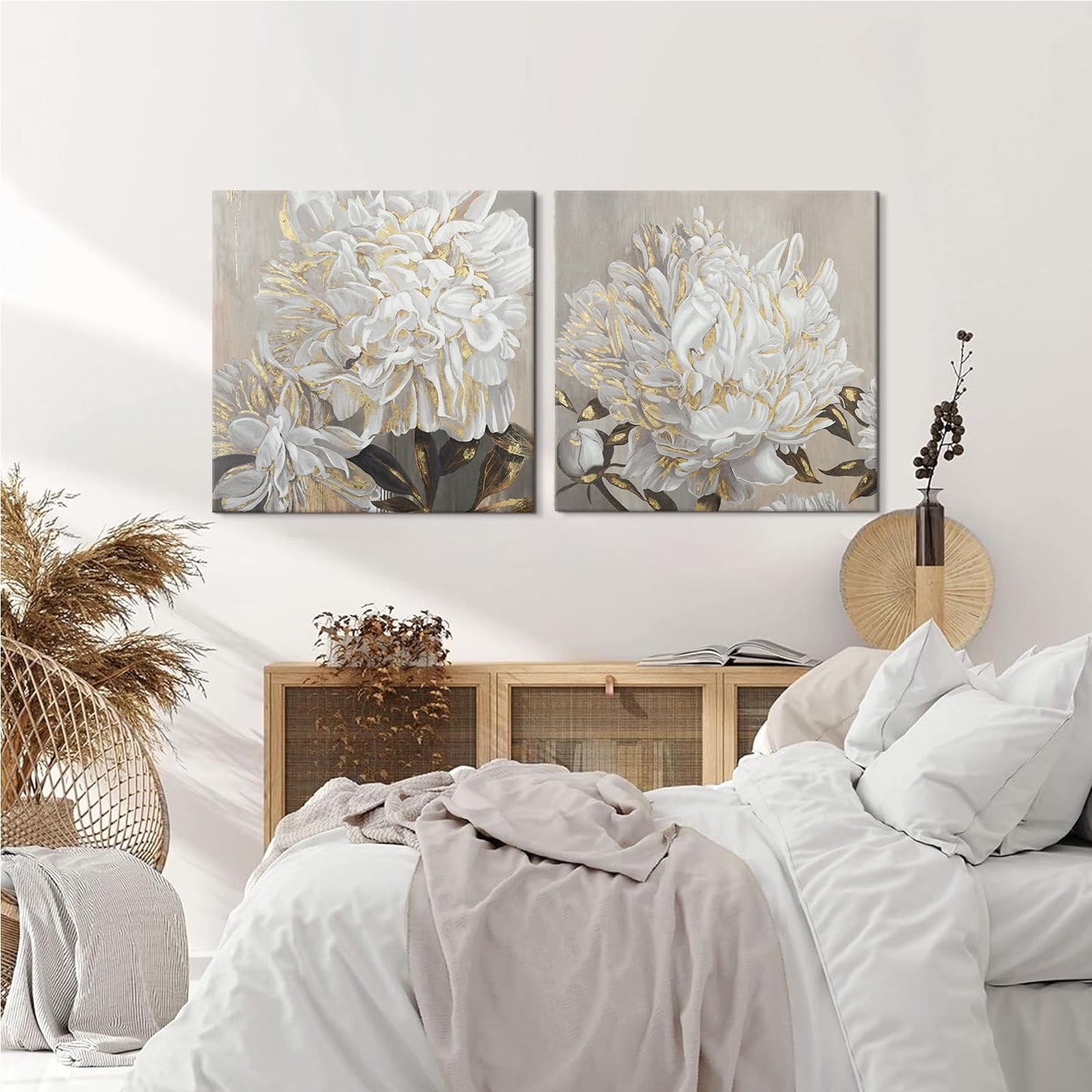 Goldfoilart Décoration murale florale moderne en fleurs blanches avec peintures en feuille d'or, œuvres d'art encadrées pour salon, chambre à coucher, cuisine, 61 x 61 cm x 2 pièces 