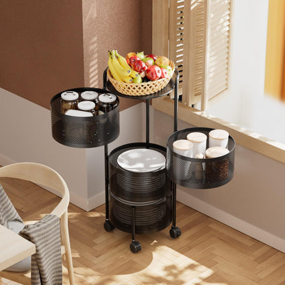 No Assembly Required Vegetable Storage Rack, 4-Tier Rotating Fruit Basket with Wheels, Heavy Duty Carbon Steel Kitchen Storage Cart