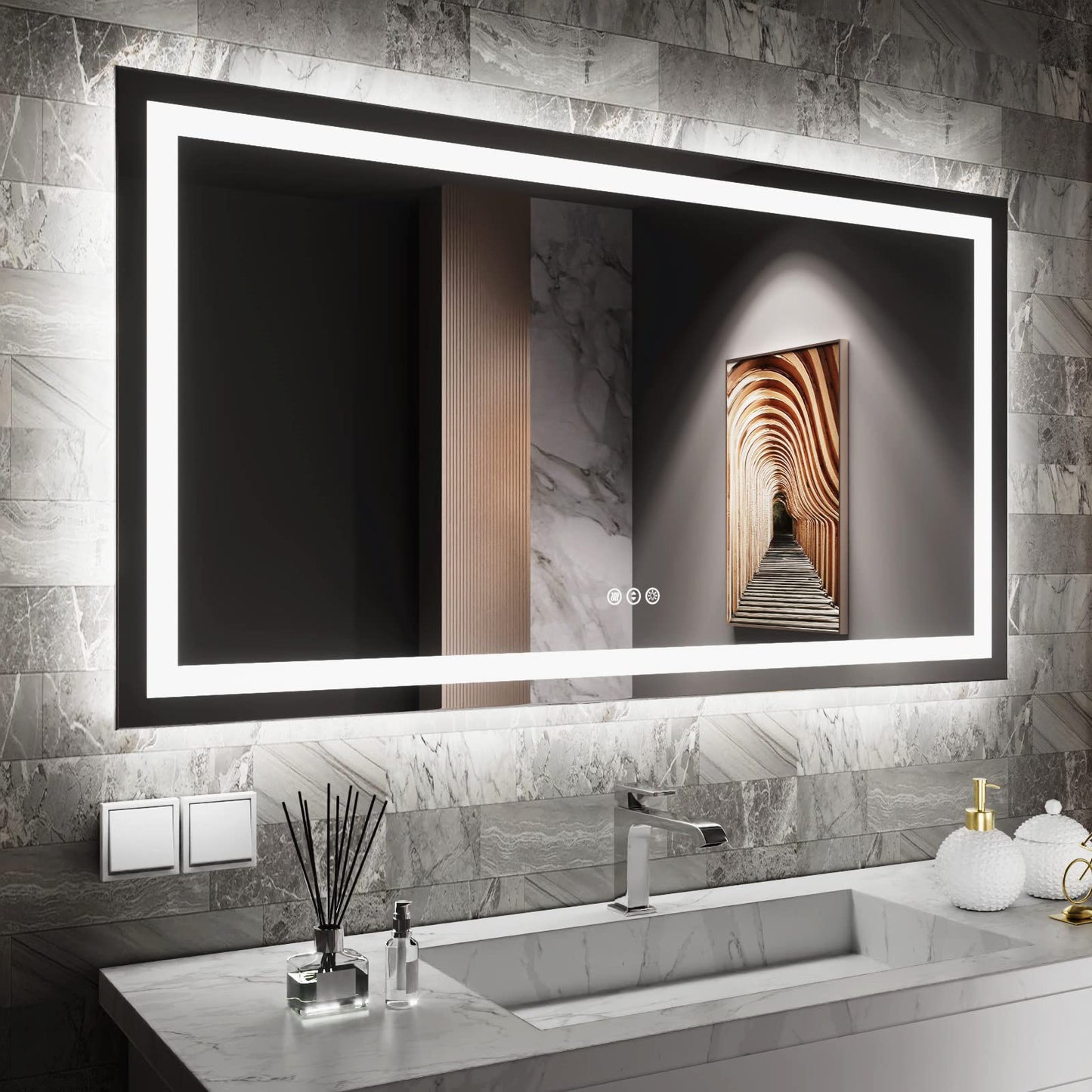 Amorho 20"x 28" LED Bathroom Mirror with Black Frame, Front Light and Backlit(Controlled Separately), Stepless Dimmable, Anti-Fog, Shatter-Proof, 3 Colors, Memory