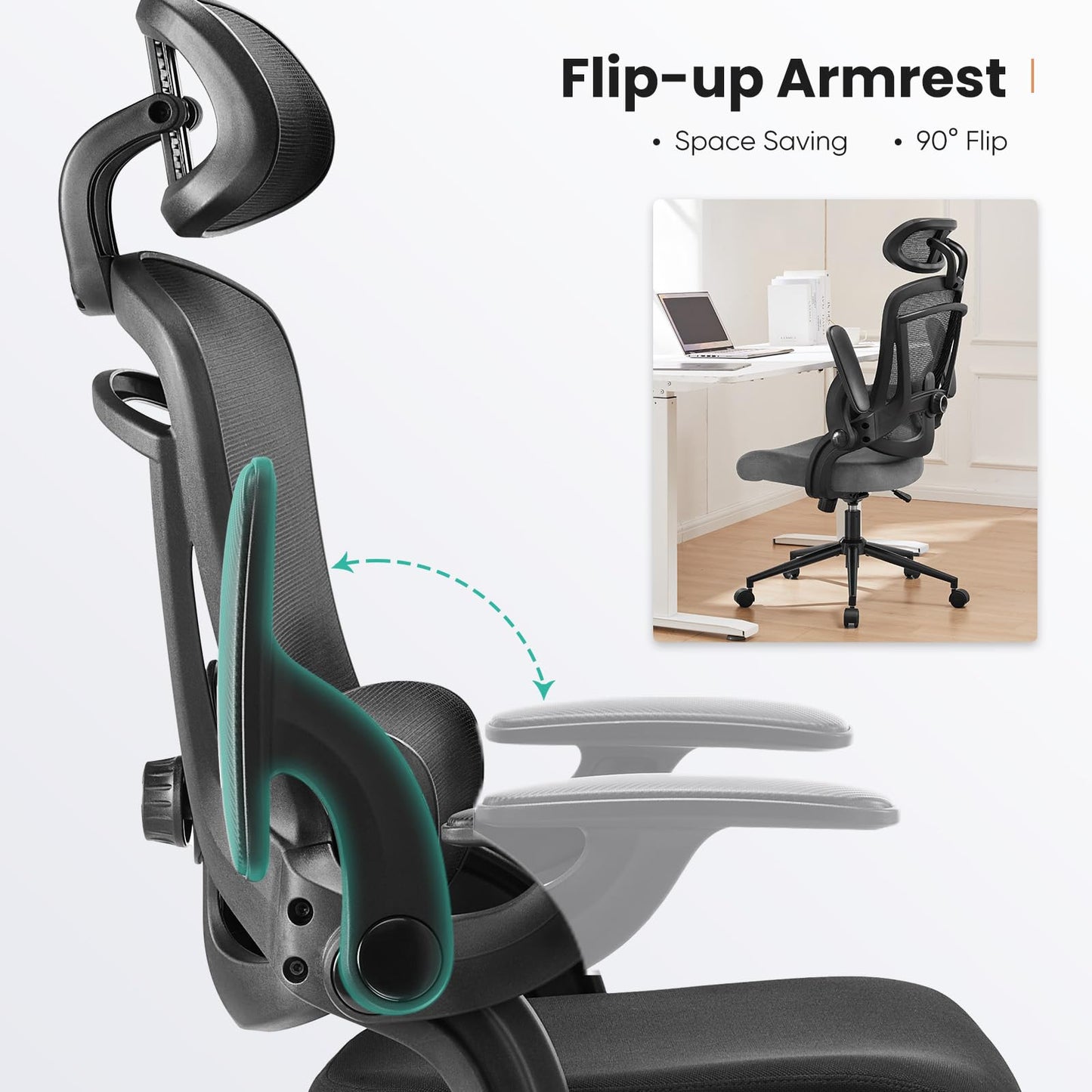 Ergonomischer Bürostuhl aus Netzgewebe, Schreibtischstuhl mit hoher Rückenlehne und 2D-Kopfstütze, Lendenwirbelstütze mit Auf- und Ab-Funktion, drehbarer Computer-Arbeitsstuhl mit verstellbaren, hochklappbaren Armlehnen, Schwarz 