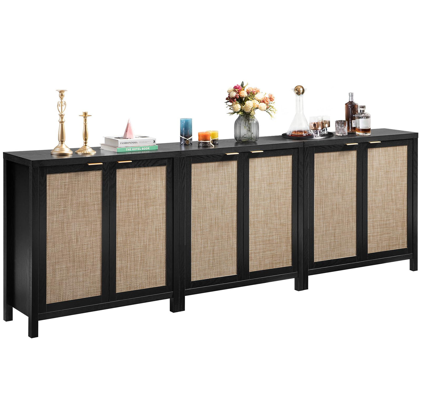 SICOTAS Rattan-Sideboard, Buffetschrank – großer Küchenschrank im Boho-Stil mit Rattan-Aufbewahrung – Holz-Kaffeebar-Schrank, Buffet-Konsolentisch für Esszimmer, Wohnzimmer, Flur – Natur 