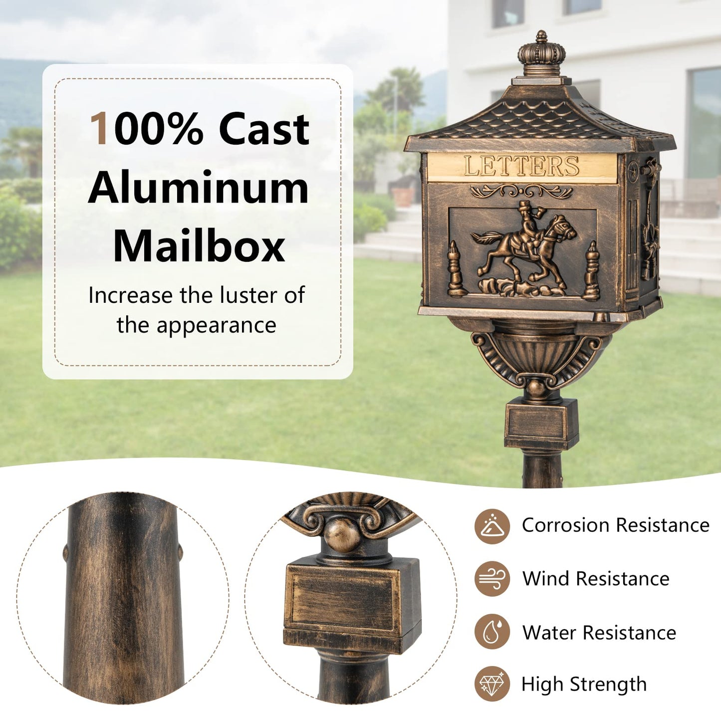 Giantex Cast Aluminum Mailbox with Post - Locking Residential Mailboxes for Outside with Keys, Baffle Door, Expansion Bolts, Address Panel, In-Ground Rust-Proof Large Security Postal Mailbox (Bronze)