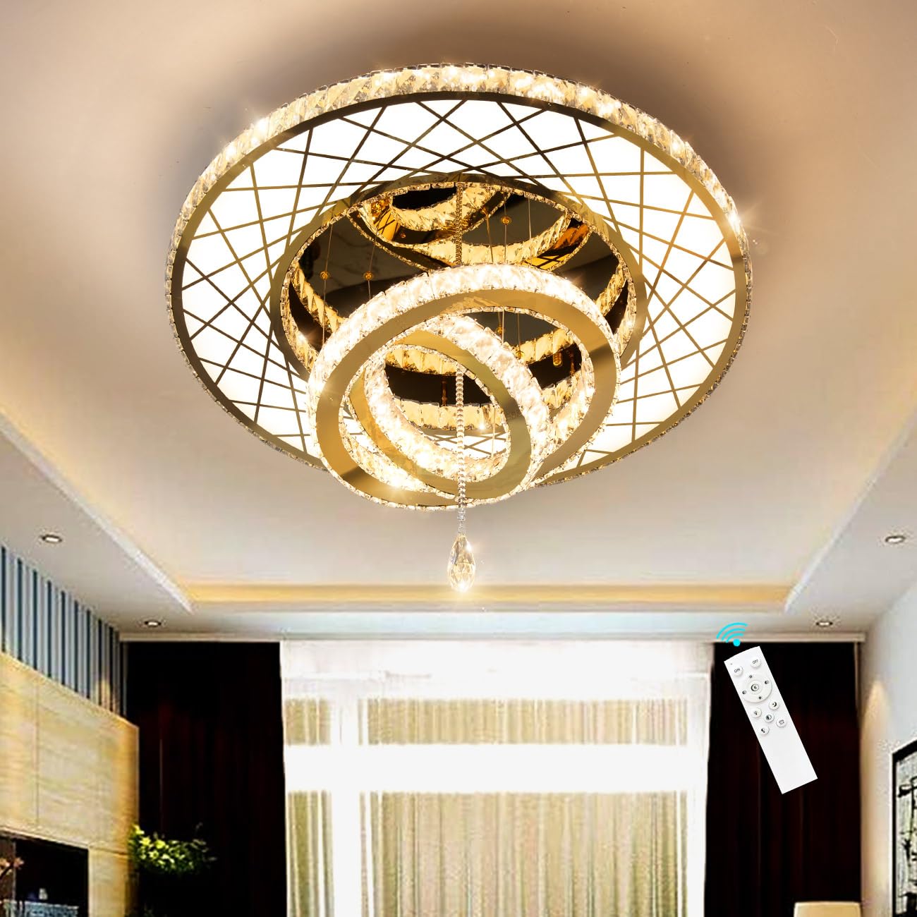 Modern Flush Ceiling Chandelier Bedroom Light Fixtures Crystal Flat Sloping Ceiling Lights for Hallway Kitchen Dining Room Dimmable Light with Remote Gold