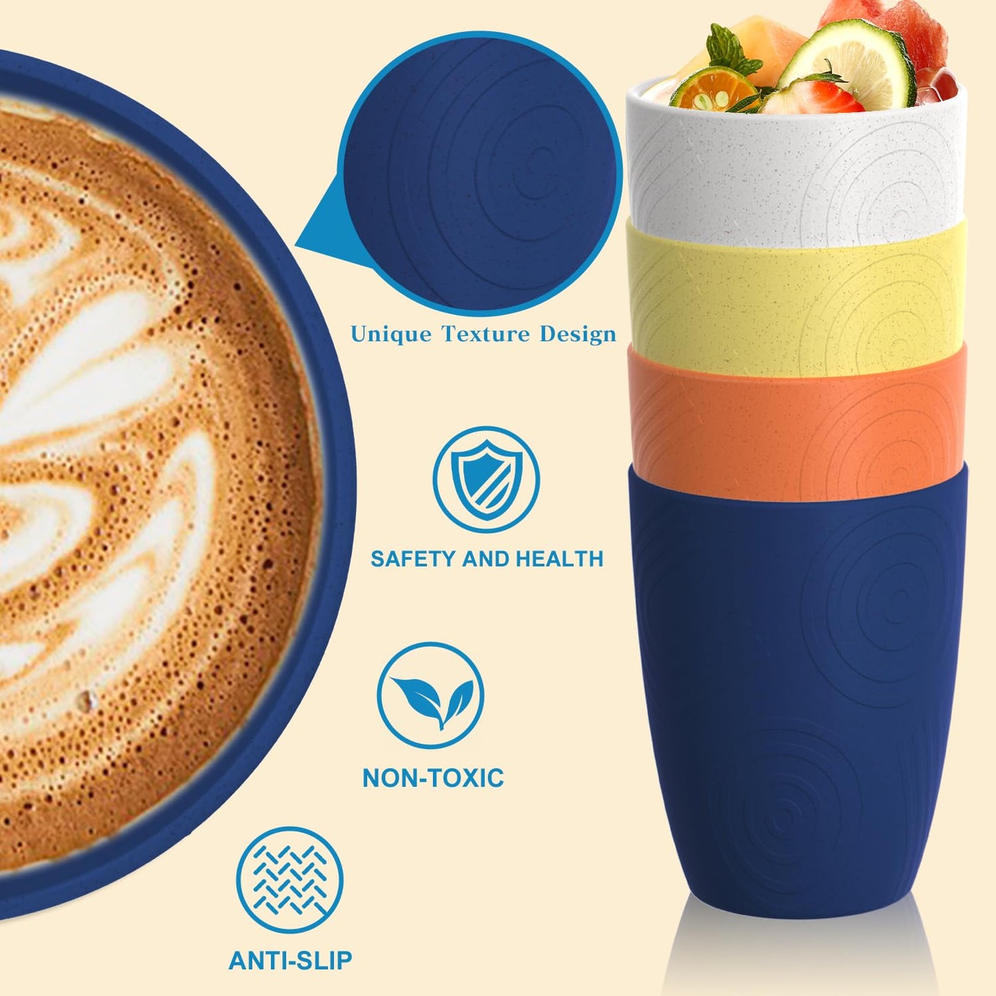 Homienly Wheat Straw Cups – Reusable, Unbreakable, Tumblers, Stackable & Dishwasher Safe