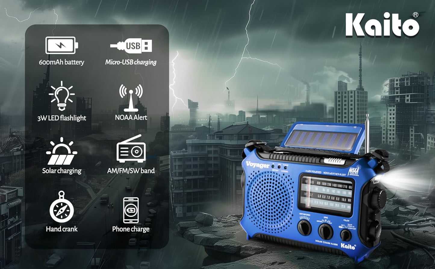 Kaito KA500BU 5-Way Powered Emergency AM/FM/SW Weather Alert Radio, Blue