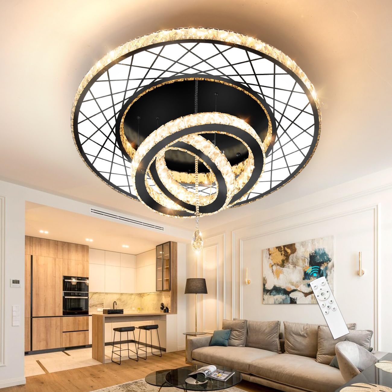 Modern Flush Ceiling Chandelier Bedroom Light Fixtures Crystal Flat Sloping Ceiling Lights for Hallway Kitchen Dining Room Dimmable Light with Remote Gold