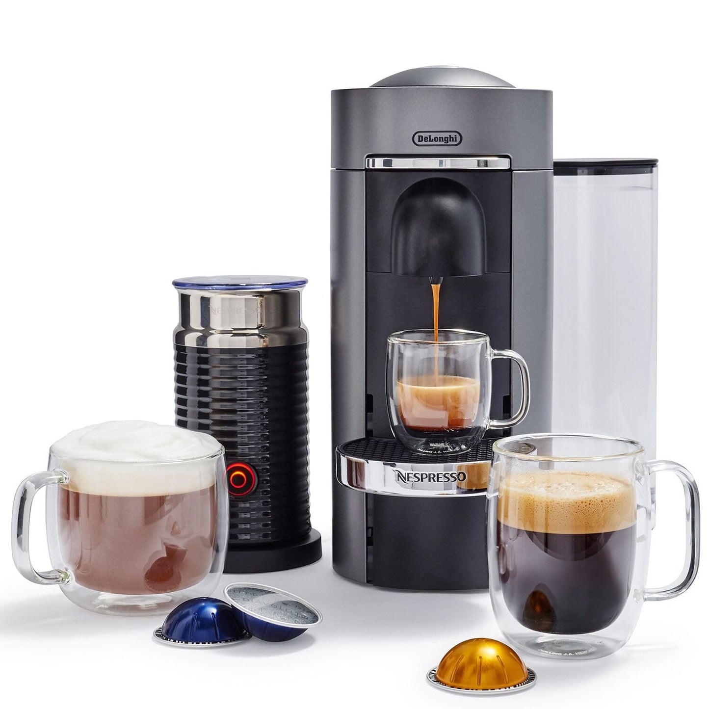 Cafetière et machine à expresso Nespresso Vertuo Plus Deluxe de De'Longhi, Titan avec mousseur à lait Aeroccino, 110 volts