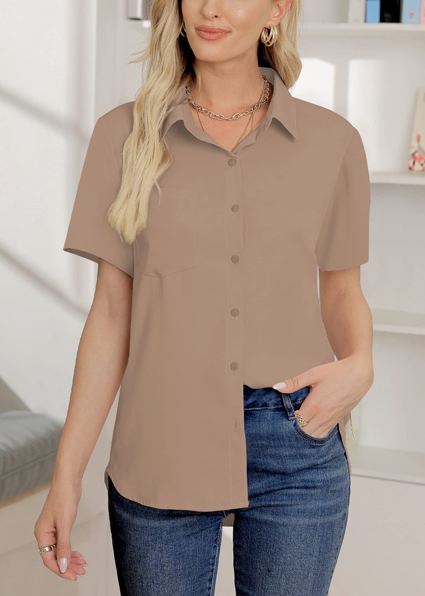 AISEW Damen Casual Button-Down-Hemden V-Ausschnitt Chiffon Lang-/Kurzarm Kragen Büro Arbeitsblusen Tops mit Tasche 