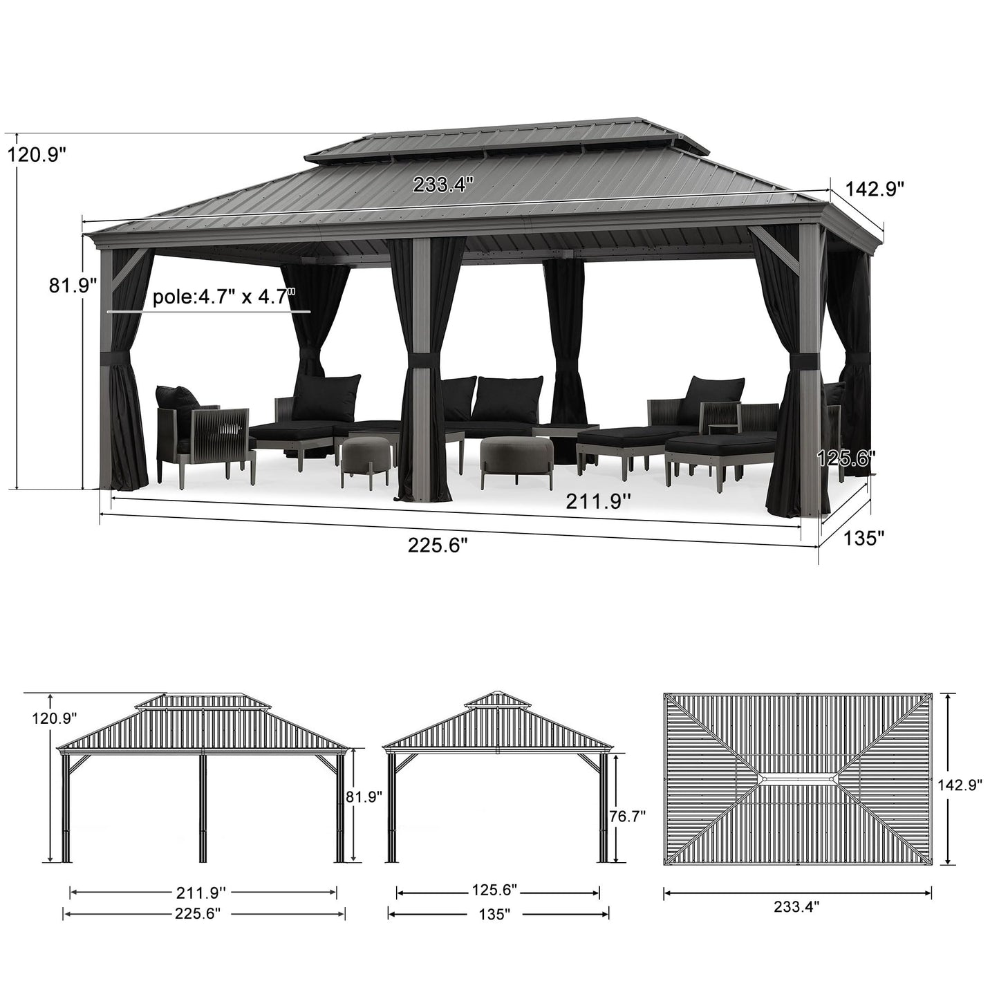 PURPLE LEAF 14' x 20' Patio Hardtop Gazebo with Light Metal Roof Heavy Duty Wind Resistance Outdoor Permanent Large Pavilion Gazebo for Patio Deck and Garden, Netting and Curtains Included, Light Grey