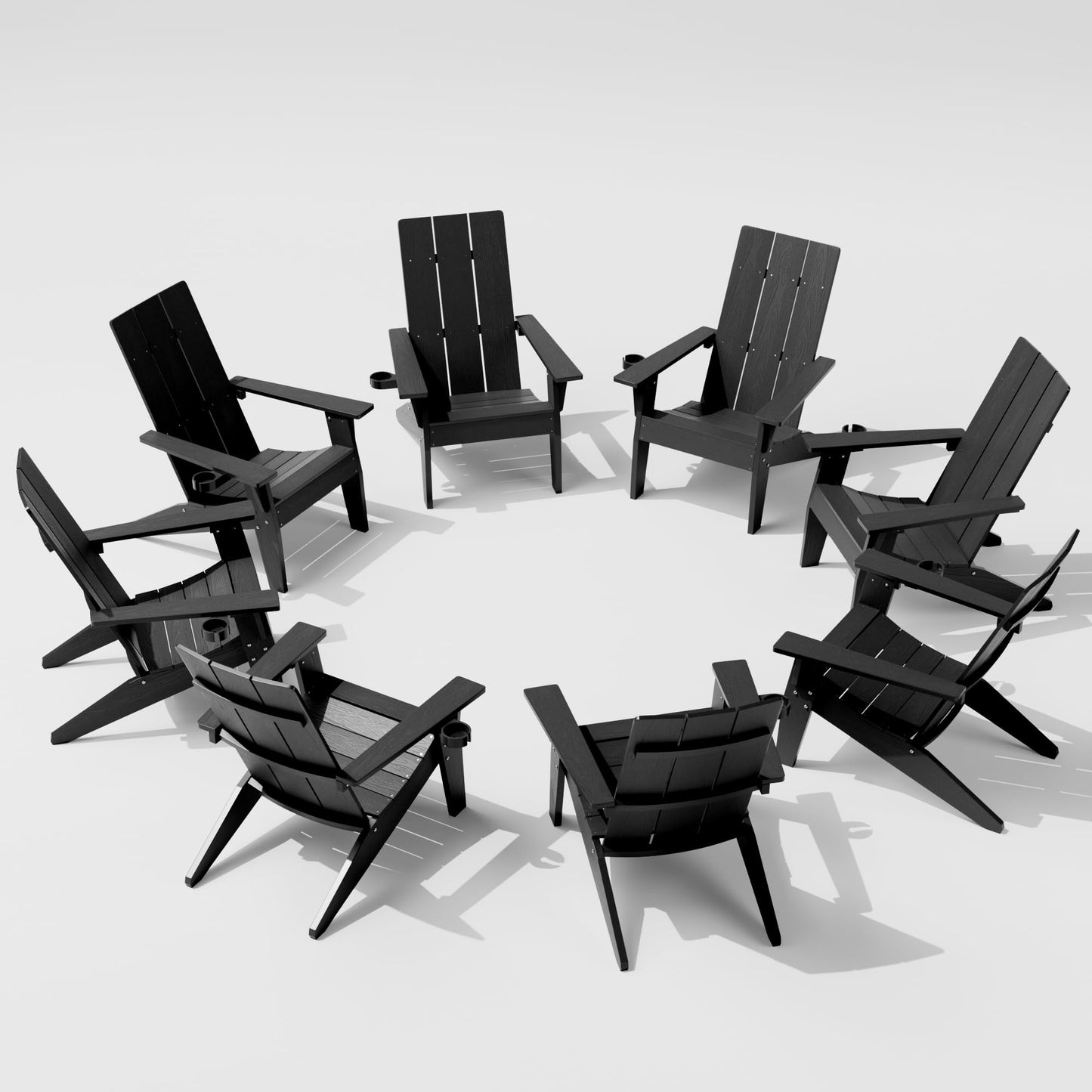 MXIMU Moderne Adirondack-Stühle, 4er-Set, wetterbeständig, mit Getränkehalter, übergroße Feuerstellenstühle aus Kunststoff, Kunststoff-Außenstühle für den Sitzbereich an der Feuerstelle (schwarz) 