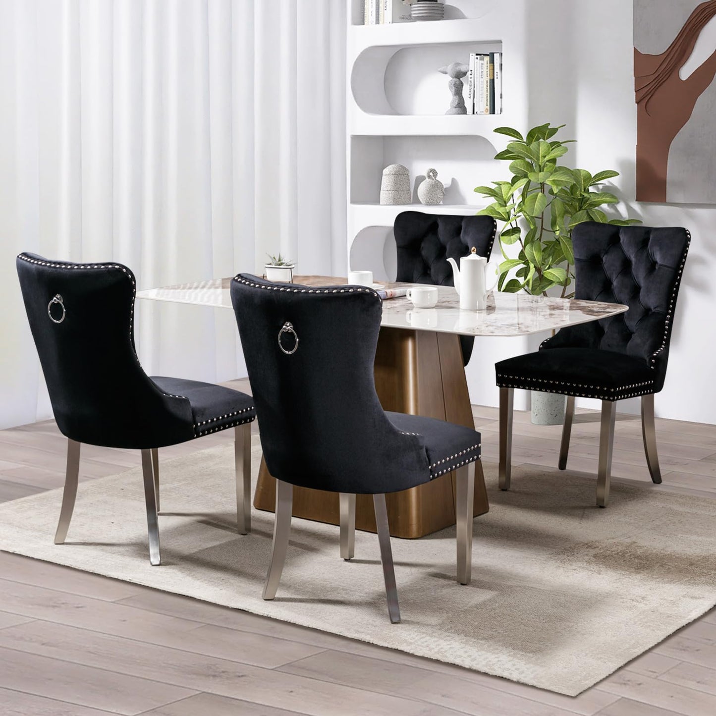 Lot de 8 chaises de salle à manger en cuir SoarFlash, chaise d'appoint à dossier haut, chaise d'appoint rembourrée moderne avec anneau de dossier à boutons, pieds en bois massif (noir et gris) 