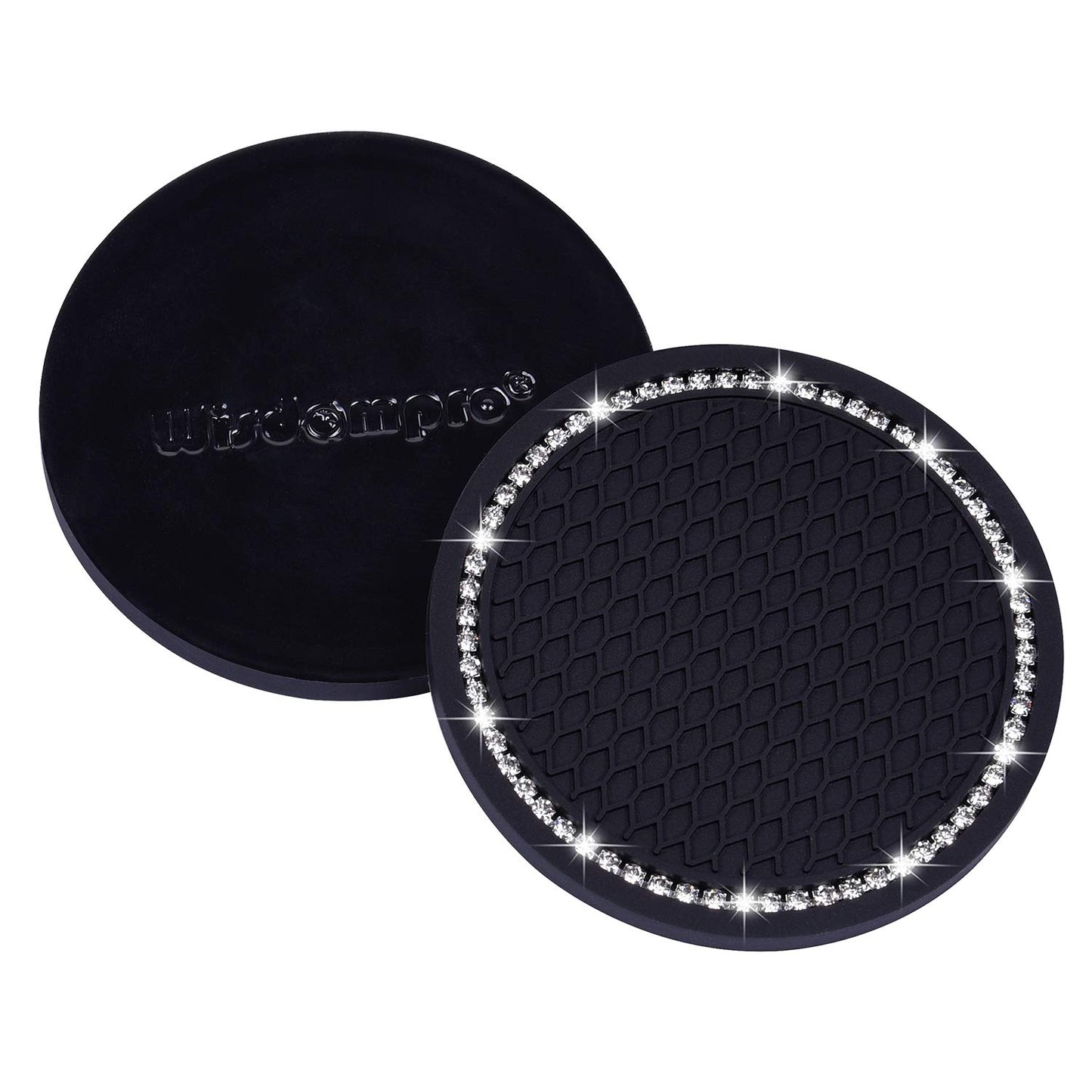 Dessous de verre Bling Car, Wisdompro Lot de 4 dessous de verre en PVC pour porte-gobelet de voiture - Accessoires d'intérieur de véhicule universels antidérapants Tapis de tasse à paillettes en cristal pour femmes et hommes (2,75" de diamètre, noir) 