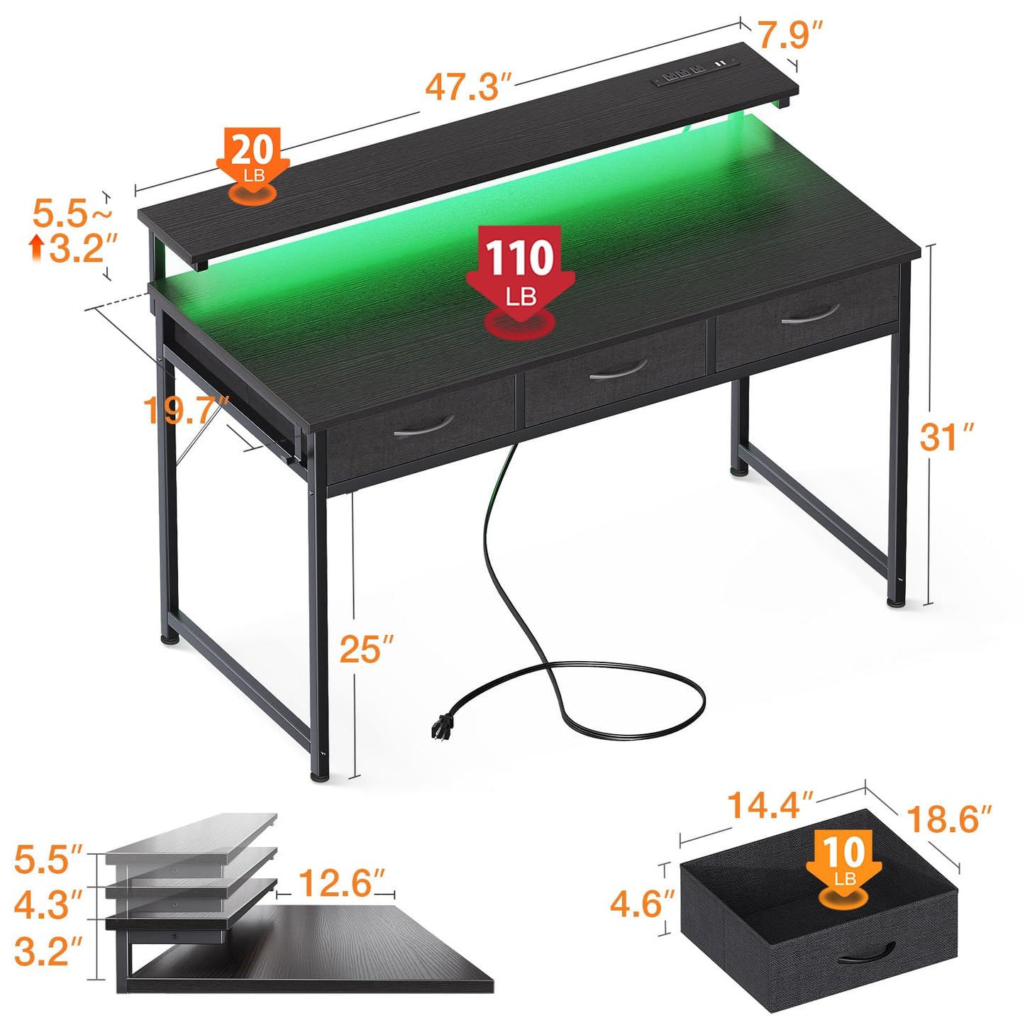 Bureau d'ordinateur ODK 54 pouces avec 3 tiroirs et prises d'alimentation USB, bureaux à domicile avec lumières LED et support de moniteur réglable, travail à domicile, table de travail/écriture/étude moderne pour chambre à coucher, noir 