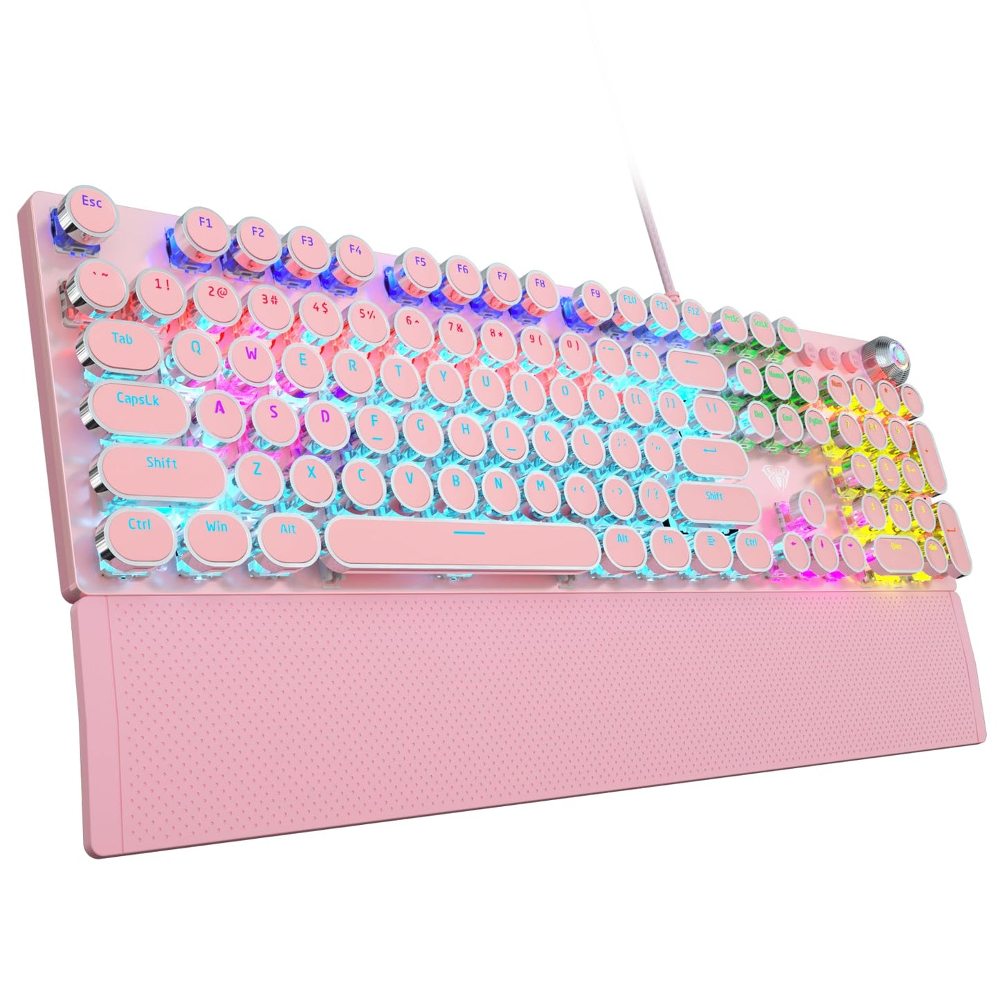 AULA F2088 Mechanical Gaming Keyboard – Blue Switches, Rainbow LED Backlit, Media Knob, Wrist Rest, Retro Typewriter Keycaps, USB Wired