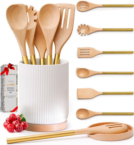 Ensemble d'ustensiles de cuisine en bois – Ensemble de 8 pièces comprenant des ustensiles de cuisine en bois et en or, un porte-ustensiles blanc et un repose-cuillère en bois – Ustensiles de cuisine durables et élégants pour cuisiner et servir 