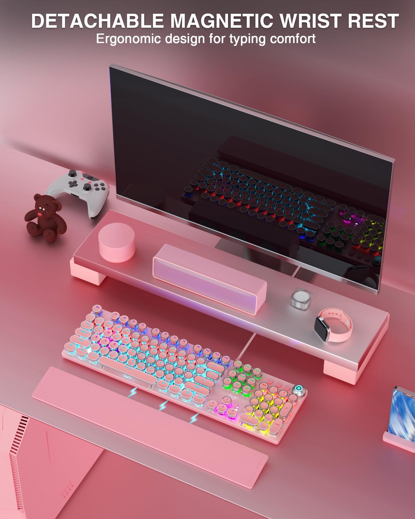 AULA F2088 Mechanical Gaming Keyboard – Blue Switches, Rainbow LED Backlit, Media Knob, Wrist Rest, Retro Typewriter Keycaps, USB Wired