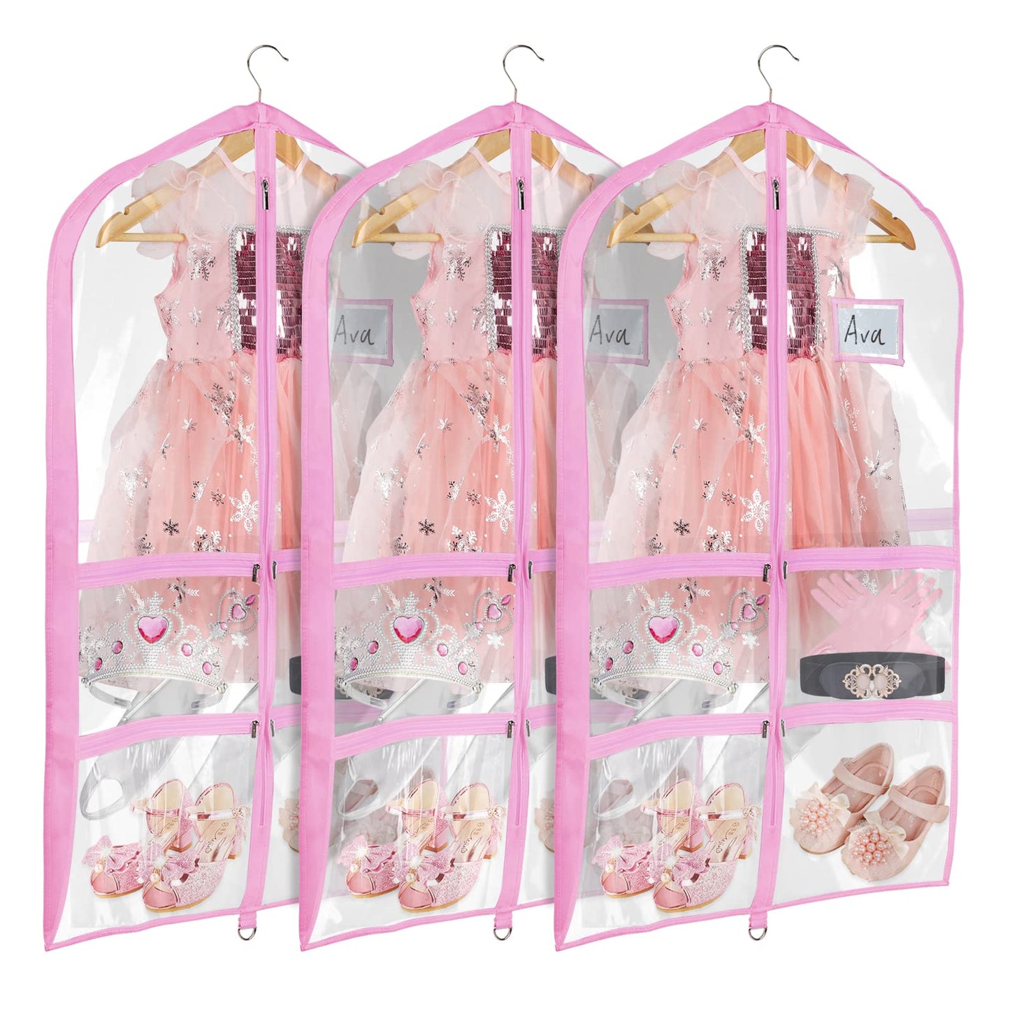 Univivi Clear PVC Dance Costume Bags (3 Pack) Garment Bag 40 Inch for Dance Competitions, with 4 Medium Clear Zipper Pockets and 1 Large Back Zippered Pocket [Upgraded Version]