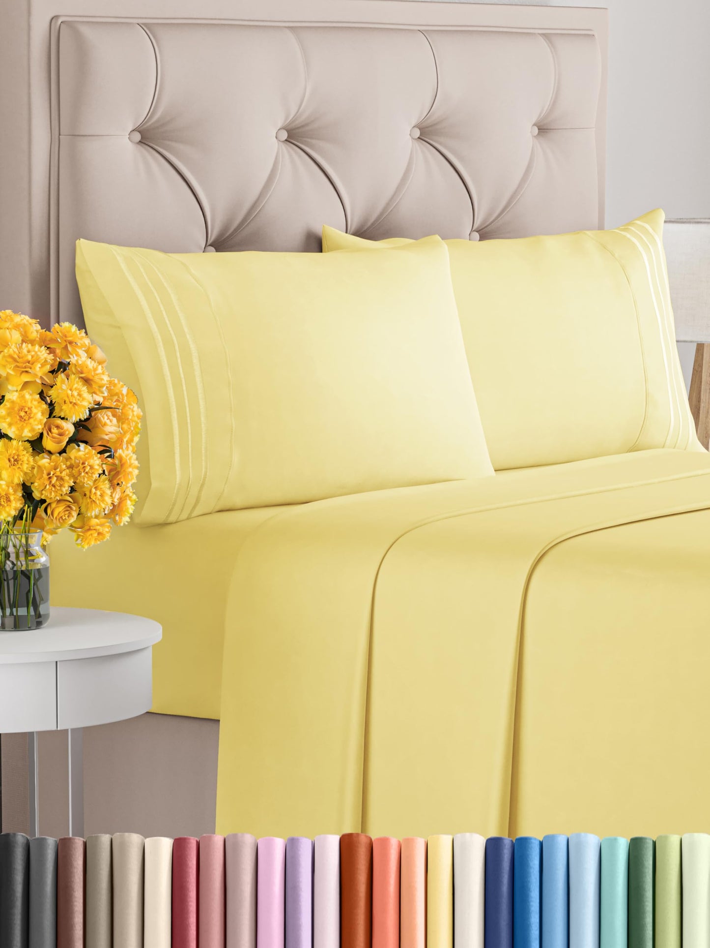 Queen Size 4 Piece Sheet Set - Comfy Breathable & Cooling Sheets - Hotel Luxury Bed Sheets for Women & Men - Deep Pockets, Easy-Fit, Extra Soft & Wrinkle Free Sheets - Yellow Oeko-Tex Bed Sheet Set