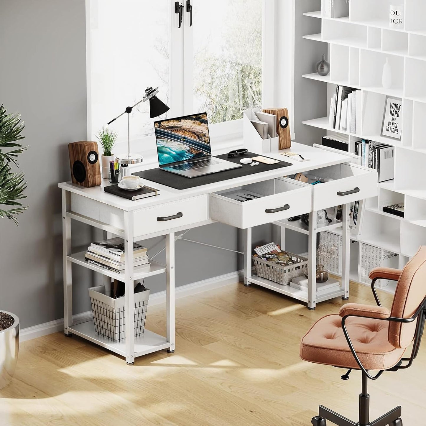 Bureau d'ordinateur de petite taille ODK : table de maison avec tiroirs en tissu et étagères de rangement, bureau d'écriture moderne, noir, 48"x16" 