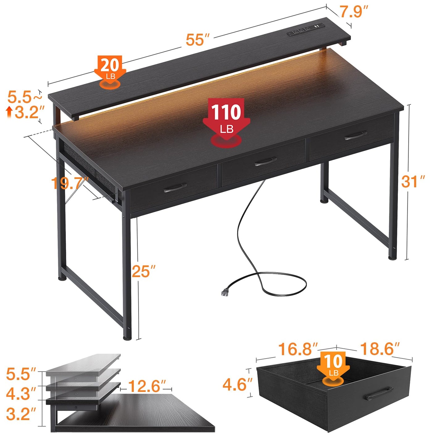 Bureau d'ordinateur ODK 54 pouces avec 3 tiroirs et prises d'alimentation USB, bureaux à domicile avec lumières LED et support de moniteur réglable, travail à domicile, table de travail/écriture/étude moderne pour chambre à coucher, noir 