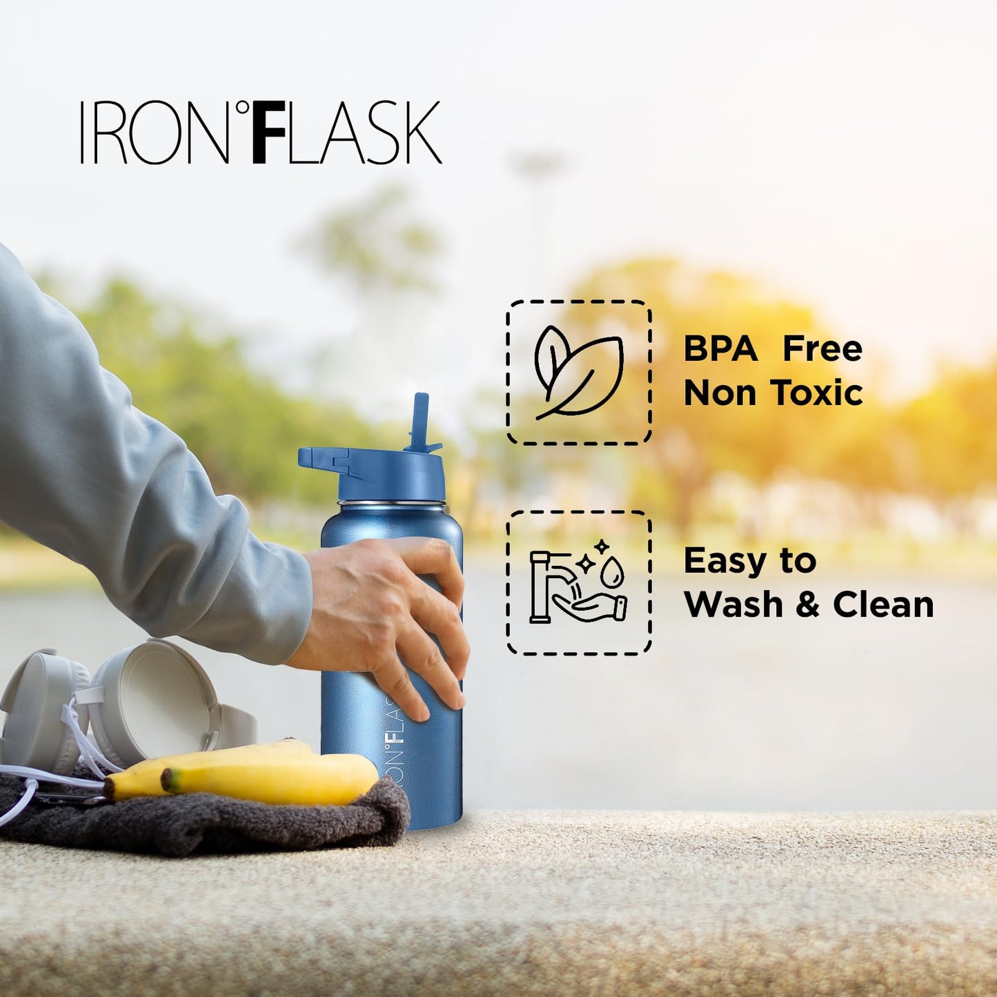 IRON °FLASK Camping & Hiking Hydration Flask with 3 Lids - Stainless Steel, Double Walled & Vacuum Insulated Water Bottle - Leak Proof & BPA Free (Dark Night, Straw - 32 oz)