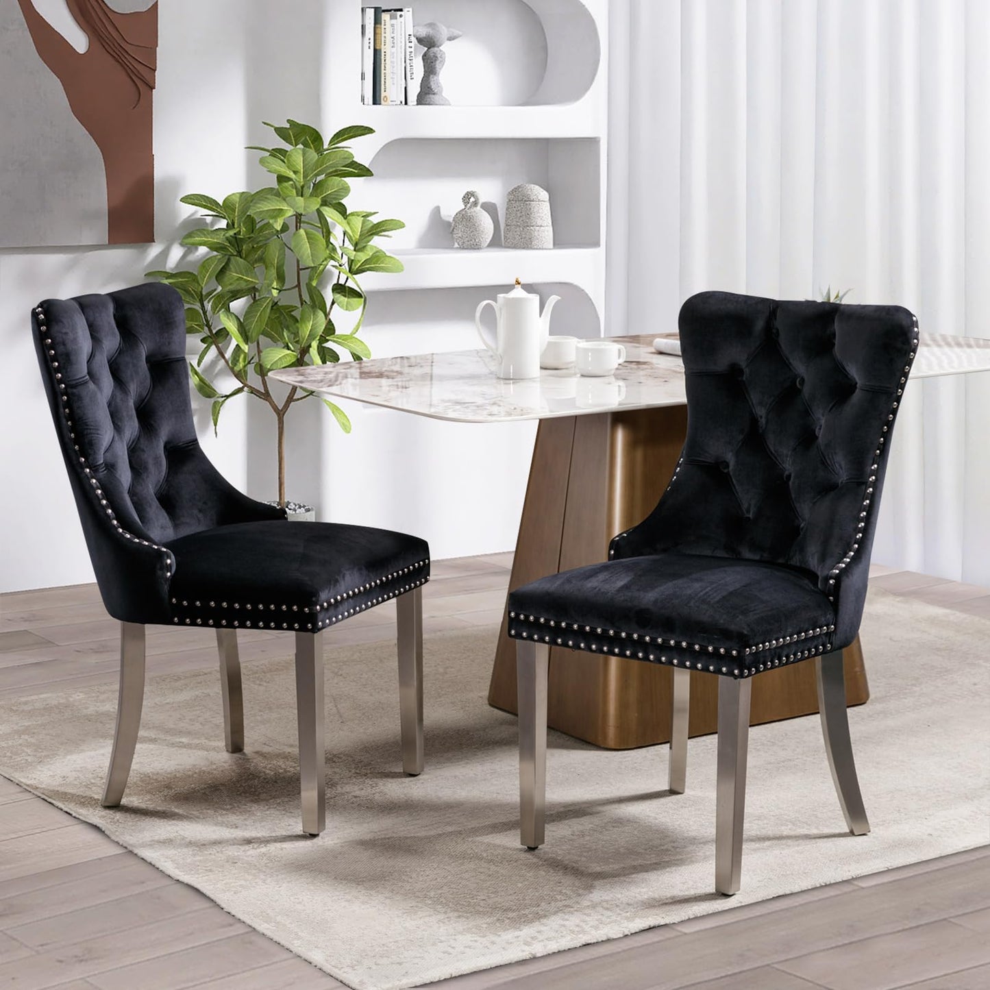 SoarFlash Leather Dining Chairs Set of 8, Tall Back Side Chair, Modern Upholstered Side Chair with Button Back Ring, Solid Wood Legs (Black&Grey)