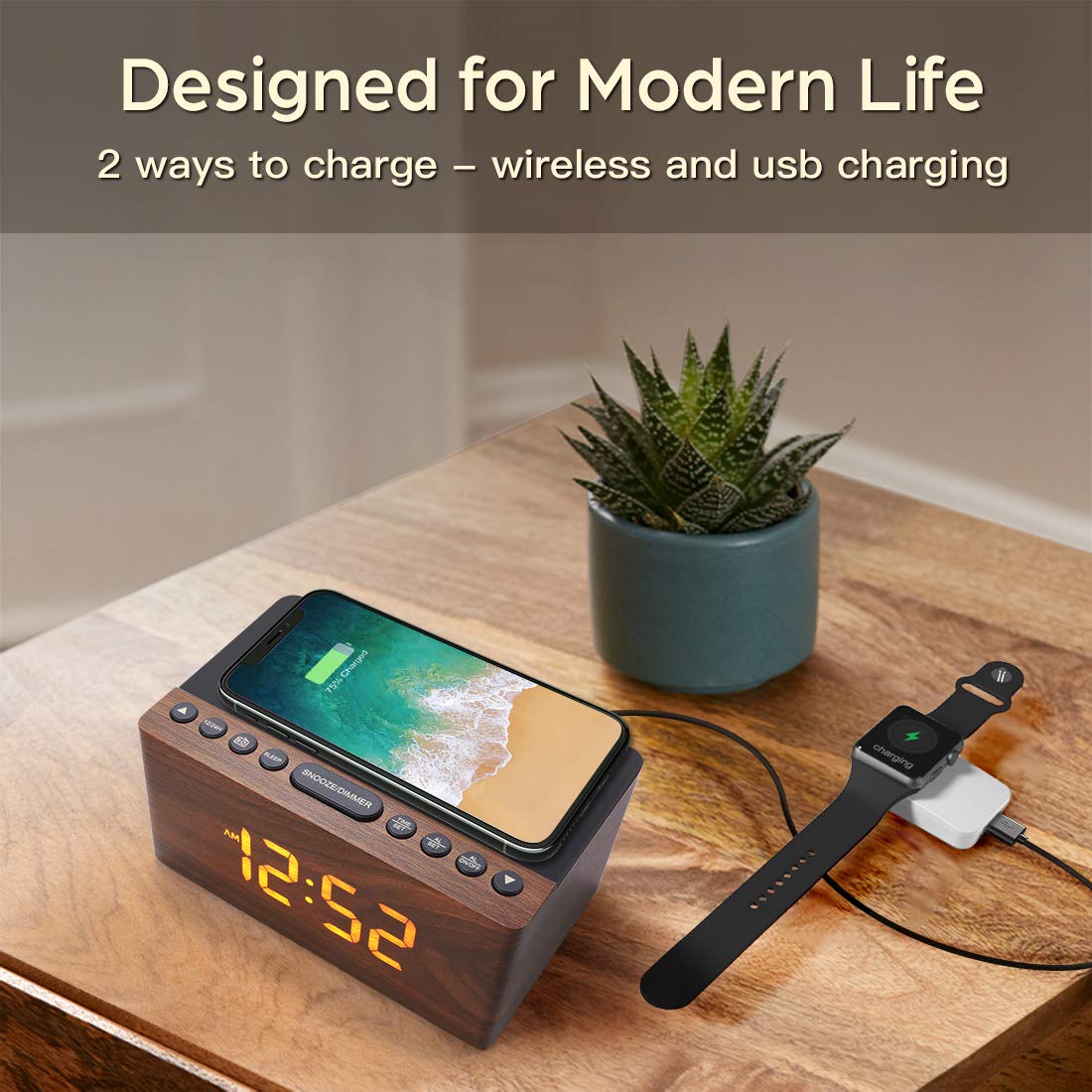 Digital Alarm Clock with FM Radio & Wireless Charging – Qi-Certified, LED Display, USB Port, Sleep Timer
