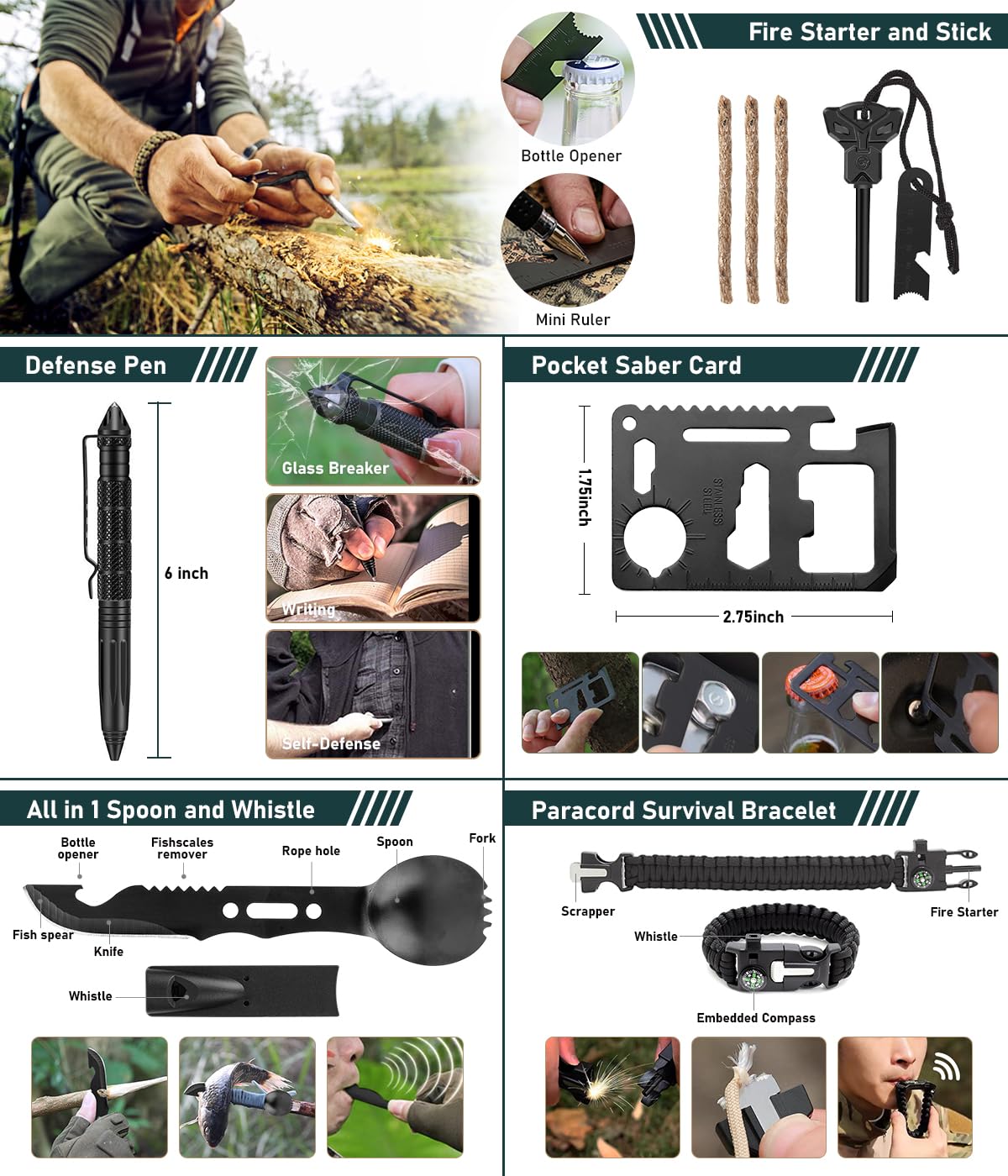 Survival-Kit, 262-teiliges Survival-Set und Zubehör mit Erste-Hilfe-Tasche und Umhängetasche, Notfall-Set mit Zelt, Camping-Axt, Hammer, Survival-Schaufel mit Spitzhacke, Bug-Out-Bag-Geschenke für Männer und Frauen 