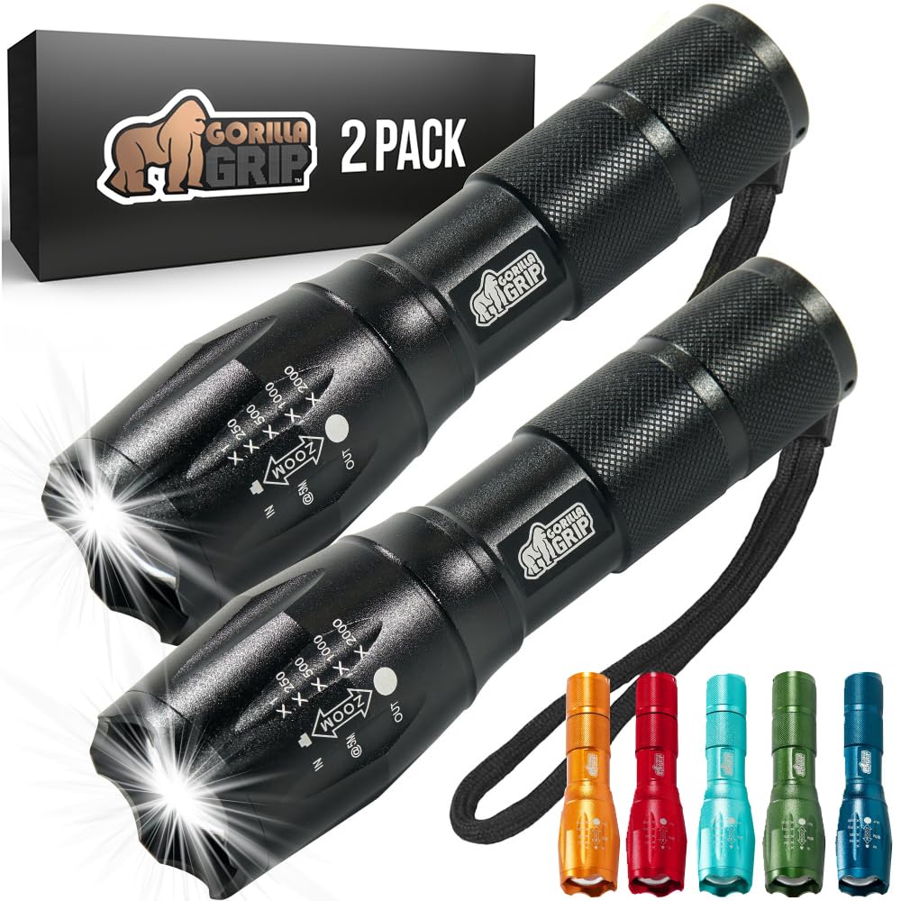 Gorilla Grip Powerful LED 750 FT Water Resistant 5 Adjustable Mode Tactical Flashlight, High Lumens Ultra Bright Battery Zoom Flashlights, Small Camping Car Mini Flash Light Accessories, 2 Pack Gold