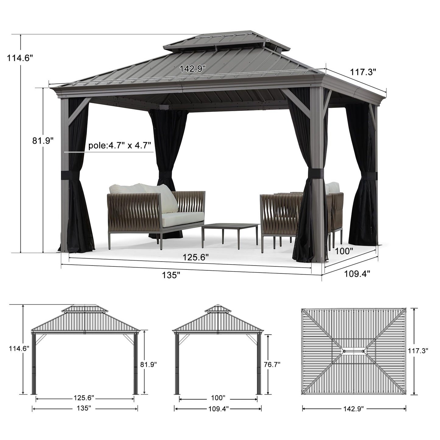 PURPLE LEAF 14' x 20' Patio Hardtop Gazebo with Light Metal Roof Heavy Duty Wind Resistance Outdoor Permanent Large Pavilion Gazebo for Patio Deck and Garden, Netting and Curtains Included, Light Grey