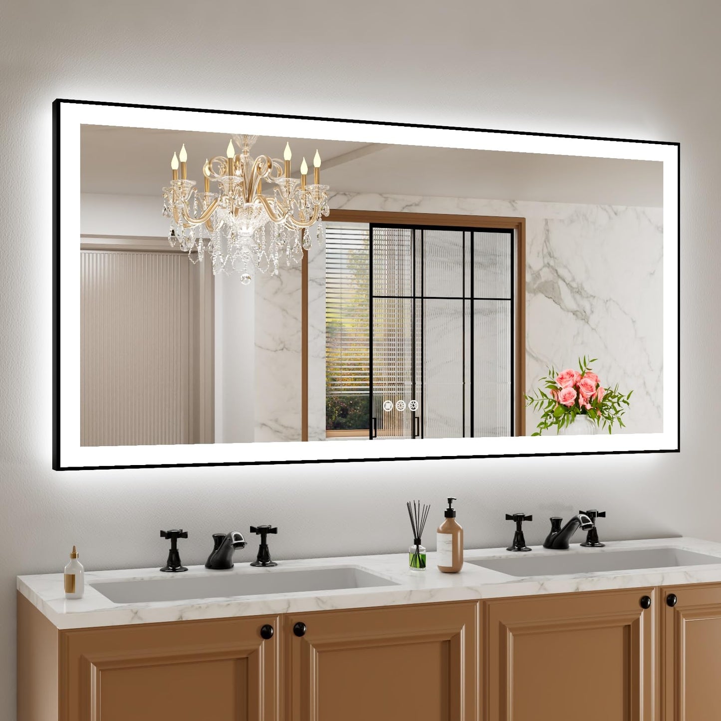 Amorho 20"x 28" LED Bathroom Mirror with Black Frame, Front Light and Backlit(Controlled Separately), Stepless Dimmable, Anti-Fog, Shatter-Proof, 3 Colors, Memory