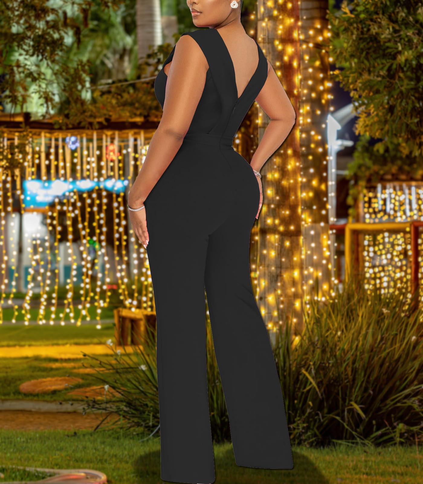 Women's Summer Formal Dressy Jumpsuits Elegant V Neck Sleeveless Party Rompers Stretchy Wrap Wide Leg Long Pants Clubwear