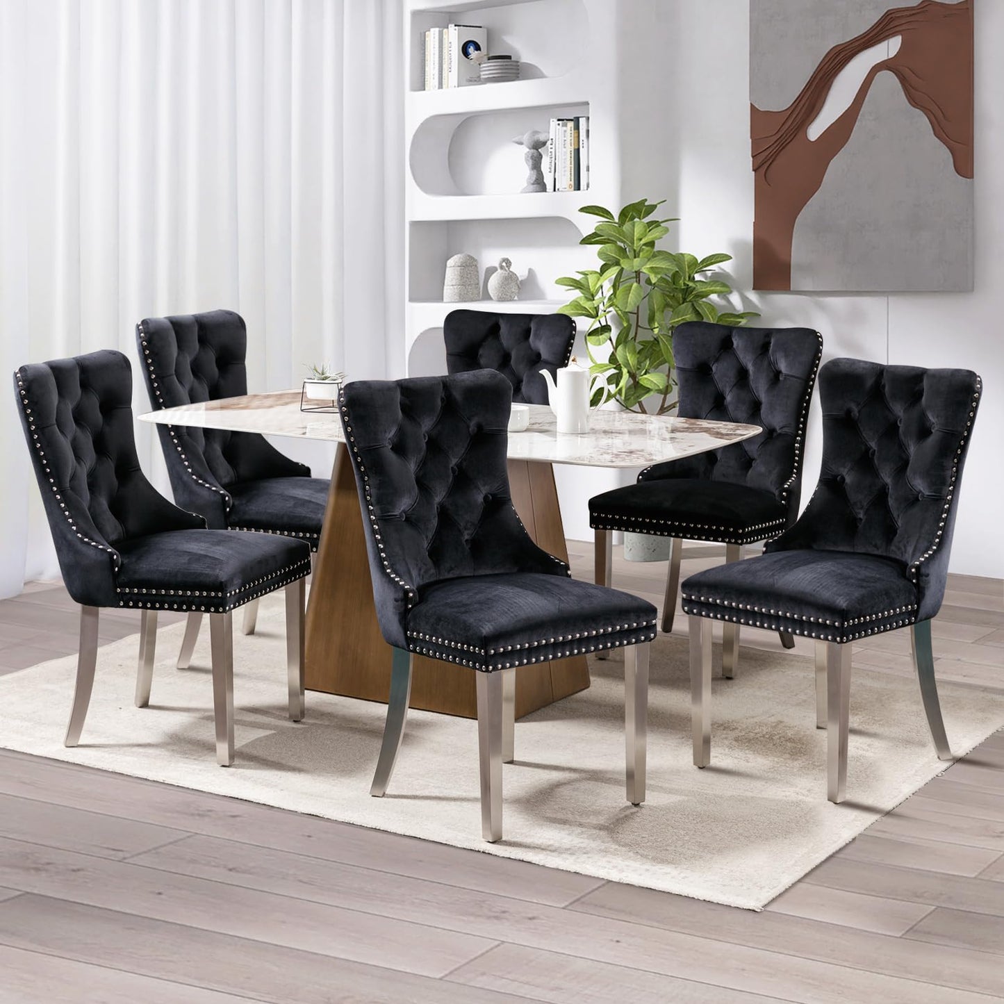 Lot de 8 chaises de salle à manger en cuir SoarFlash, chaise d'appoint à dossier haut, chaise d'appoint rembourrée moderne avec anneau de dossier à boutons, pieds en bois massif (noir et gris) 