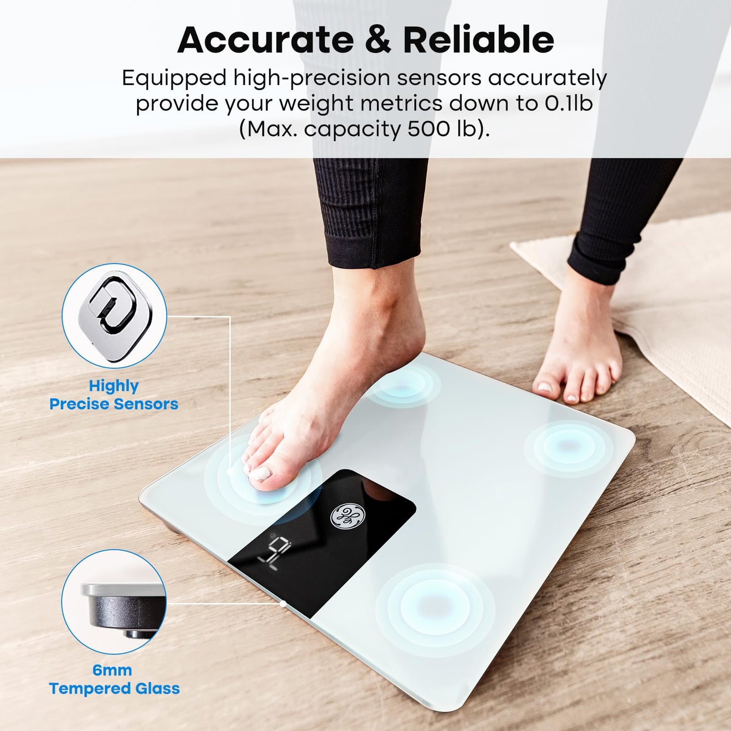 Balance de salle de bain GE Poids corporel : balance numérique IMC Éligible FSA HSA Balance de mesure robuste pour personnes Balance de pesée Bluetooth précise Balance électronique, noire 