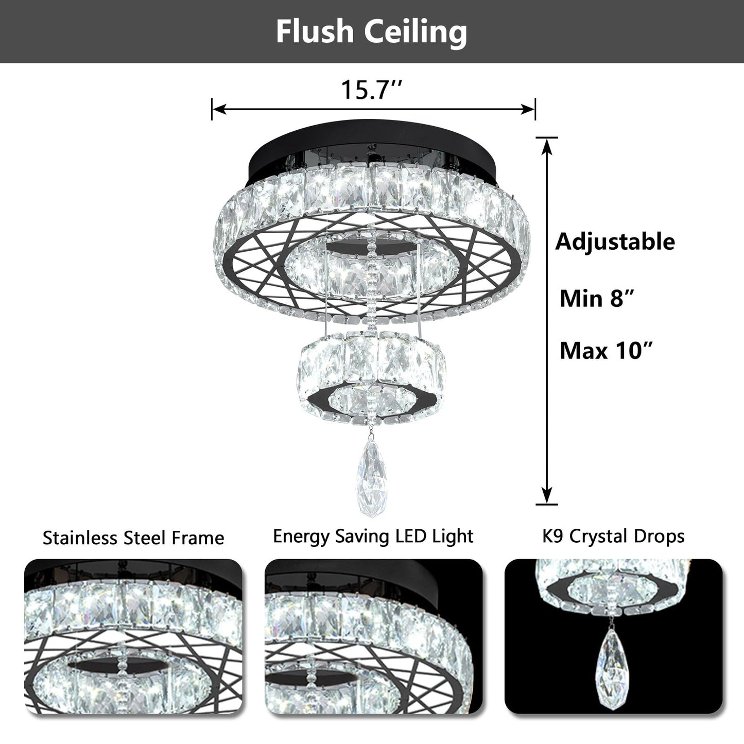 Modern Flush Ceiling Chandelier Bedroom Light Fixtures Crystal Flat Sloping Ceiling Lights for Hallway Kitchen Dining Room Dimmable Light with Remote Gold