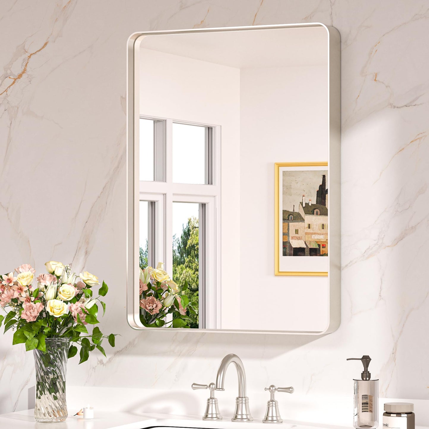 Keonjinn Black Mirror for Bathroom Sink, 24 x 30 Inch Sandblasted Finish Aluminum Wall Mirrors, Matte Black Rectangle Farmhouse Mirror with Shatterproof HD Tempered Glass, Anti-Rust Metal Frame