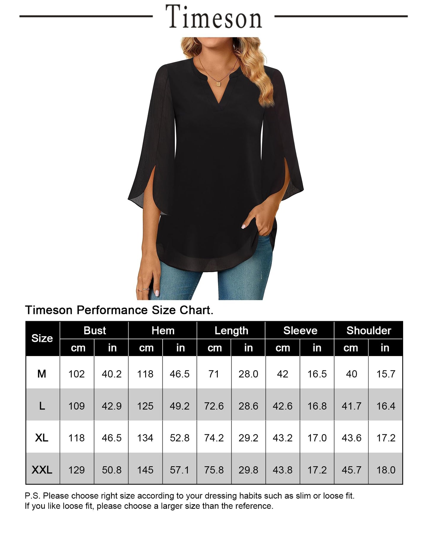 Timeson Damen Chiffonbluse mit 3/4-Ärmeln, V-Ausschnitt, elegante Tunika-Oberteile