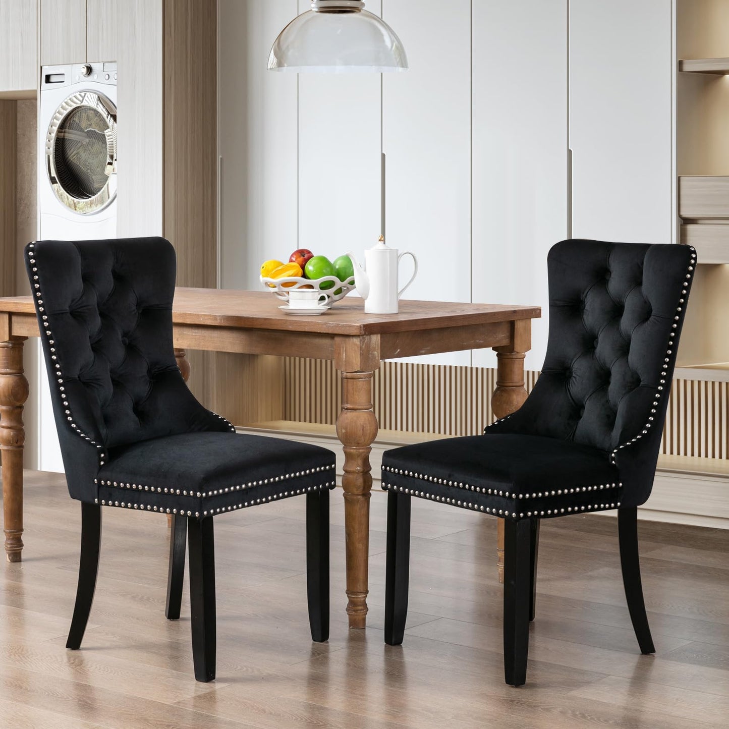 Lot de 8 chaises de salle à manger en cuir SoarFlash, chaise d'appoint à dossier haut, chaise d'appoint rembourrée moderne avec anneau de dossier à boutons, pieds en bois massif (noir et gris) 