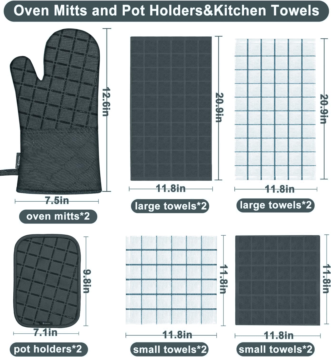 Oven Mitts Kitchen Towels and Dishcloths Pot Holders Sets, Oven Gloves Kitchen Dish Towels 500 Degree Heat Resistant Potholders with Non-Slip Silicone Surface for Cooking, Grilling, Baking-Black