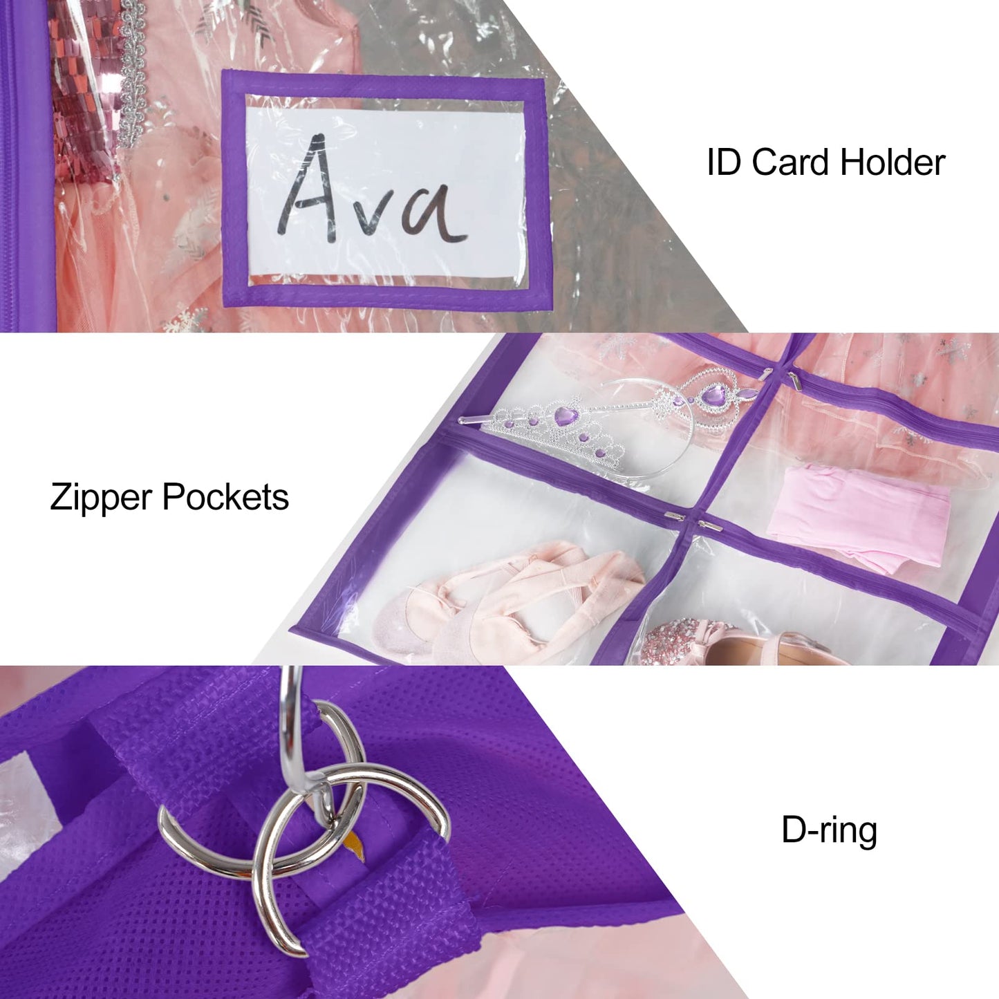 Univivi Clear PVC Dance Costume Bags (3 Pack) Garment Bag 40 Inch for Dance Competitions, with 4 Medium Clear Zipper Pockets and 1 Large Back Zippered Pocket [Upgraded Version]