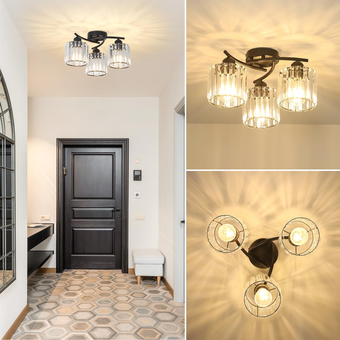 Crystal Semi Flush Ceiling Light – Modern Black Fixture, Clear Shade