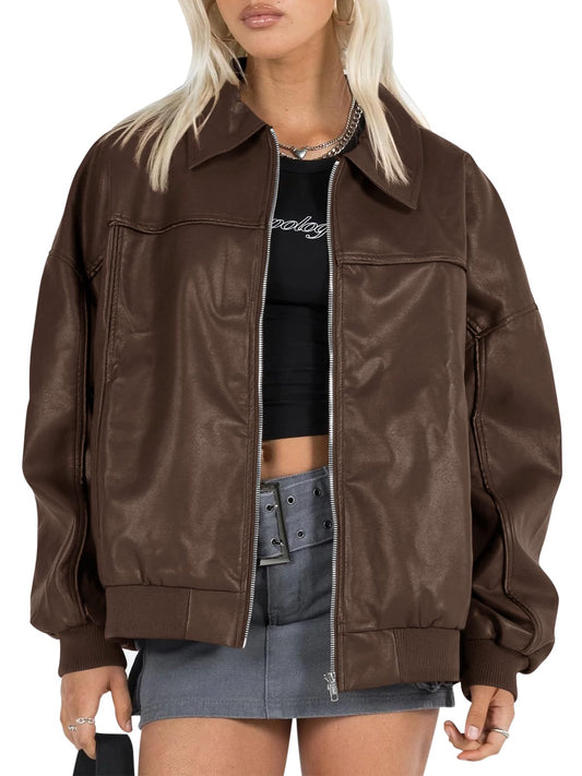 Tankaneo Womens Faux Leather Jackets Oversized Bomber Casual Fall Fashion Zip Up Moto Biker Coats