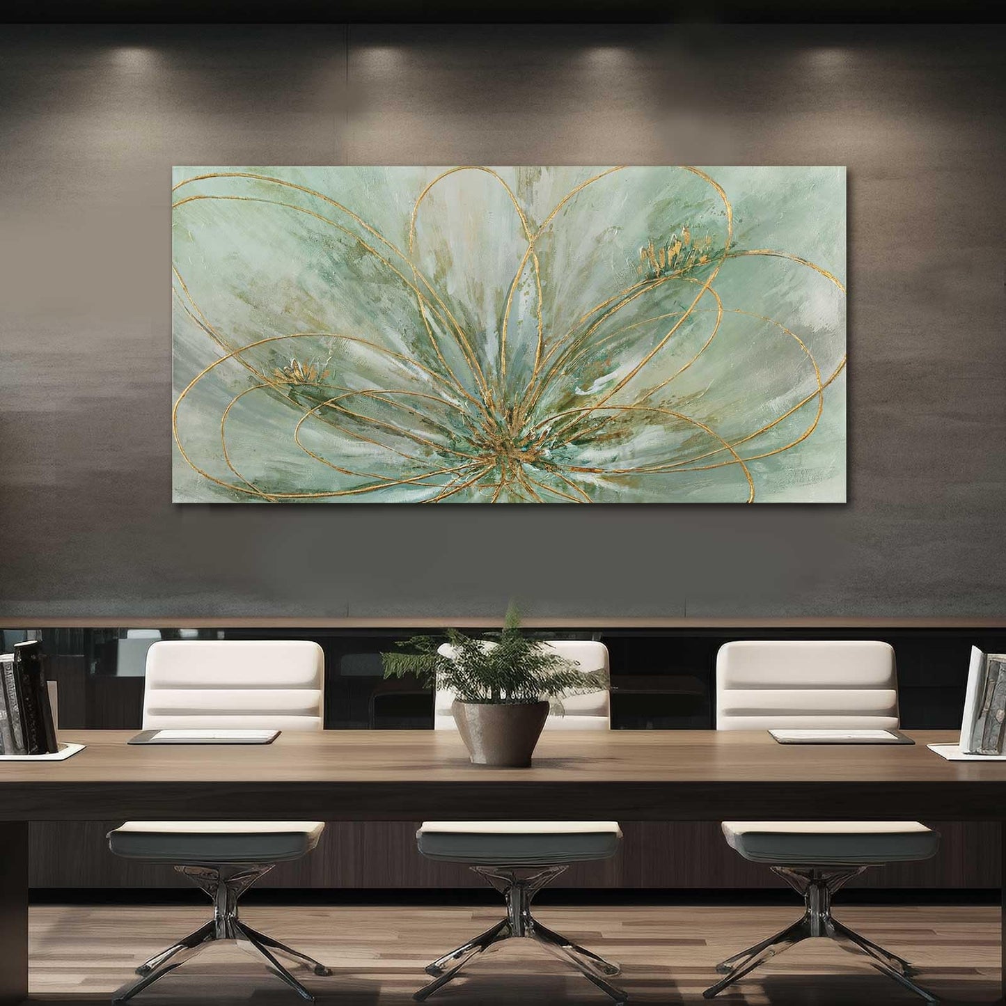 YJYart Abstrakte Wandkunst, Grün und Gold, handgemalt, Ölgemälde, Blüte, botanisch, großes Bild für Wohnzimmer, Schlafzimmer, Küche, Büro, 76,2 x 152,4 cm 