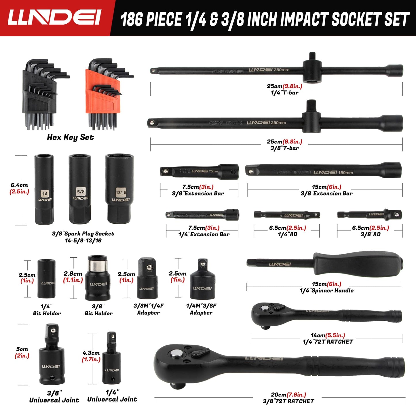 LLNDEI 1/4 & 3/8 Inch Drive Impact Socket Set, 186 Pieces Metric and Standard Full Sockets, CR-V Deep & Shallow Sockets Tool Set with Ratchet Wrench Handle, Spark Plug Socket, Bit Set for Mechanic