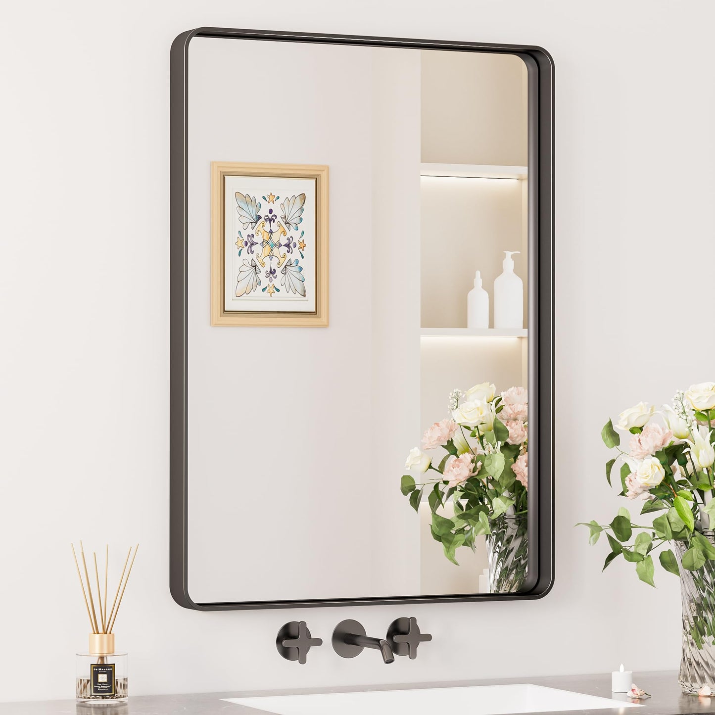 Keonjinn Black Mirror for Bathroom Sink, 24 x 30 Inch Sandblasted Finish Aluminum Wall Mirrors, Matte Black Rectangle Farmhouse Mirror with Shatterproof HD Tempered Glass, Anti-Rust Metal Frame